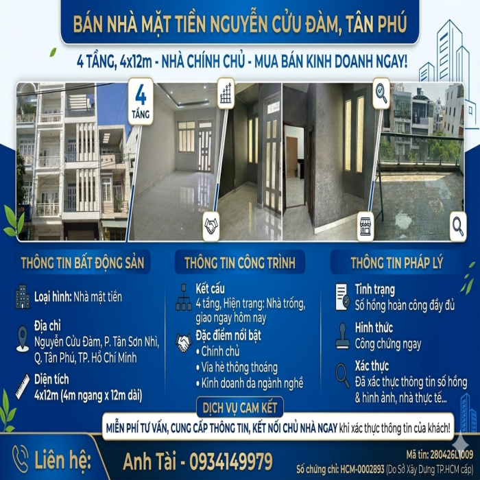 NHÀ CHÍNH CHỦ, BÁN NHÀ MẶT TIỀN NGUYỄN CỬU ĐÀM, TÂN PHÚ, 4 TẦNG , 4x12m