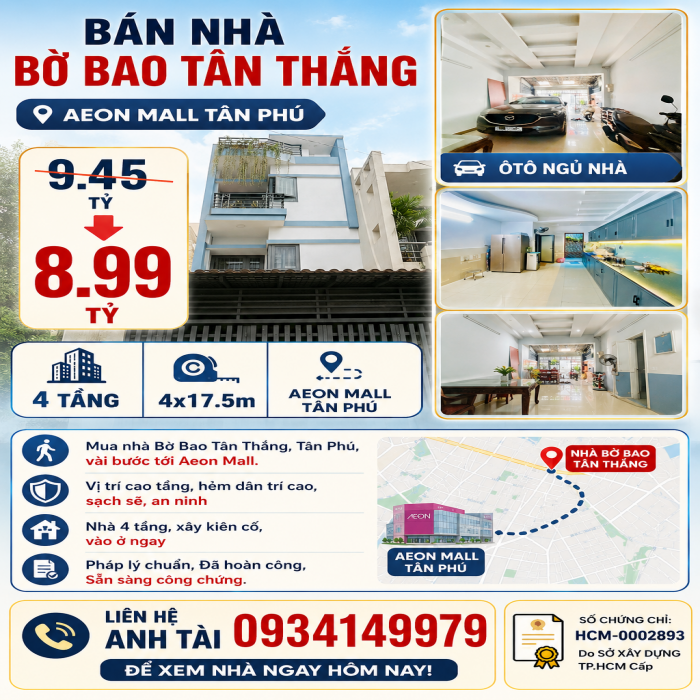 9.45 giảm còn 8.99 tỷ, ÔTÔ NGỦ NHÀ, AEON MALL TÂN PHÚ, 4 TẦNG, 4x17.5m, BÁN NHÀ BỜ BAO TÂN THẮNG