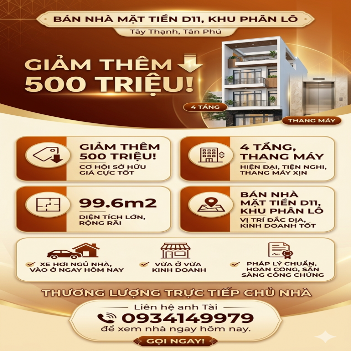 Giảm thêm 500 triệu, 4 tầng, thang máy, 99.6m2, bán nhà mặt tiền D11, khu phân lô
