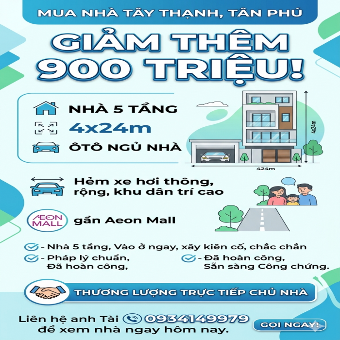 Giảm thêm 900 triệu, bán nhà Tây Thạnh, 5 tầng, 4x24m, Ôtô ngủ nhà