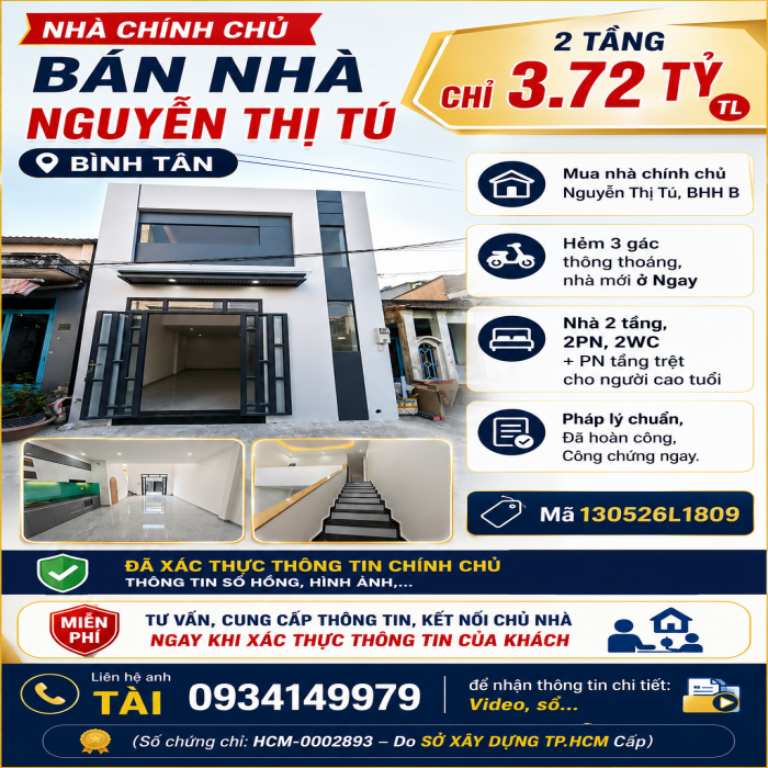 NHÀ CHÍNH CHỦ, BÁN NHÀ MỚI NGUYỄN THỊ TÚ, BÌNH TÂN, 2 TẦNG , CHỈ 3.72 TỶ TL